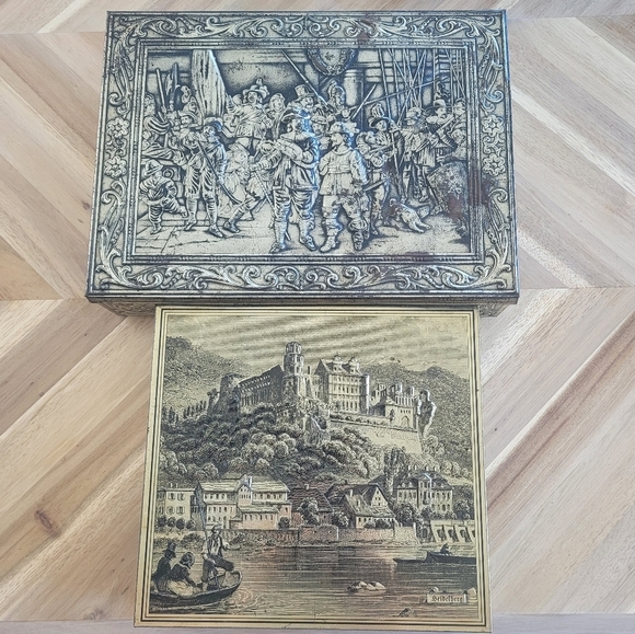 2 Vintage Embossed Tin Boxes - Rembrandt, Old World Castle, Europe, Musketeers - Picture 1 of 13